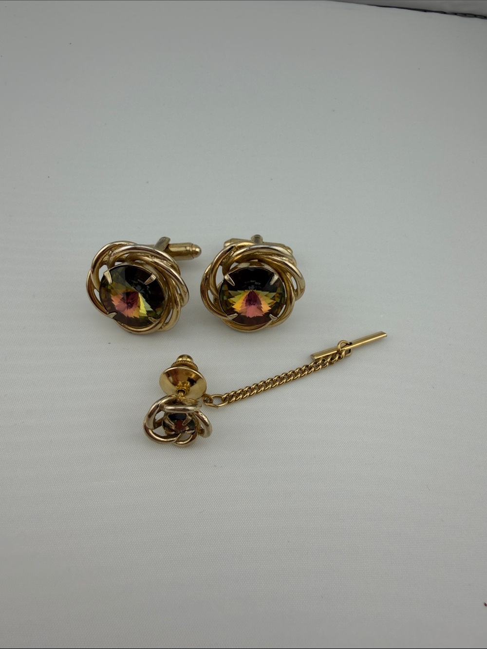 Vintage Gold-Tone Iridescent Crystal Cufflinks and Tie Pin Set by Dante